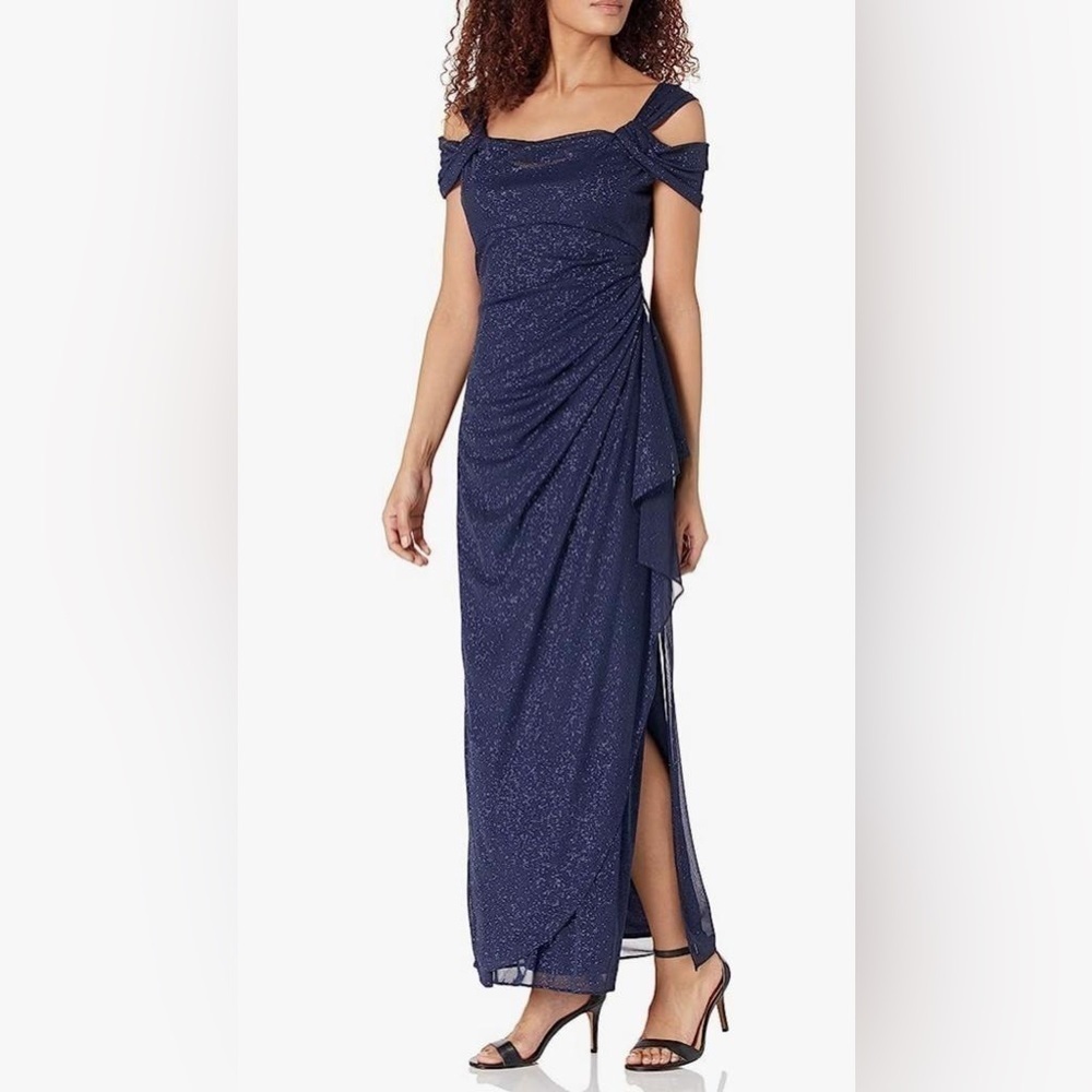 Nwt Alex Evenings Cold Shoulder Glitter Mesh Dress with Draped Skirt & Cowl Neck